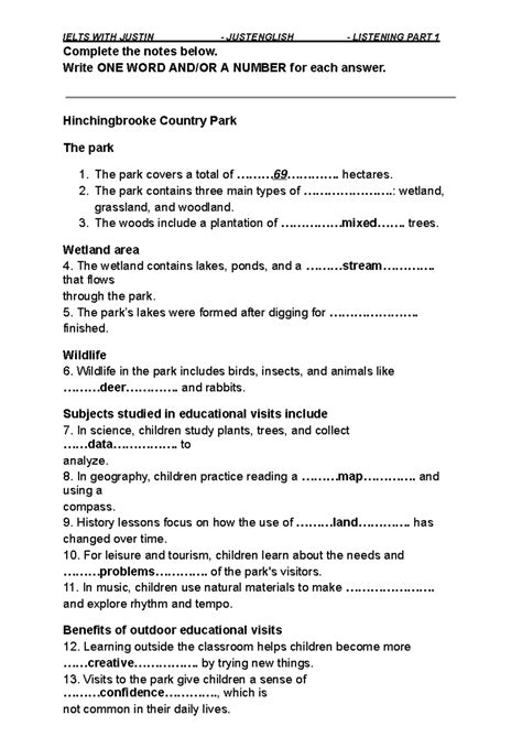 IELTS WITH JUSTIN JUSTENGLISH LISTENING PART 1 Notes and Answers - Studocu