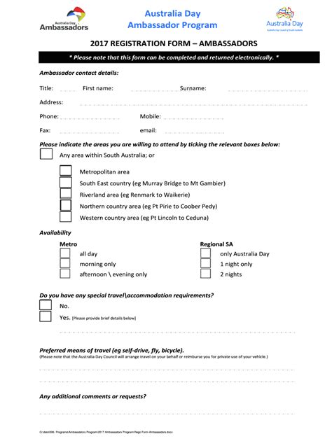 Fillable Online sa australiaday org Registration Form - Ambassadors ...