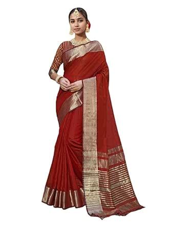 Buy V4M Women's Red Organza Saree With Woven Design & Unstiched Blouse ...
