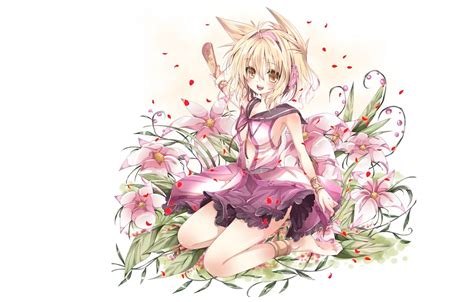 Wallpaper petals, bracelets, ears, pink flowers, yellow eyes, barefoot ...