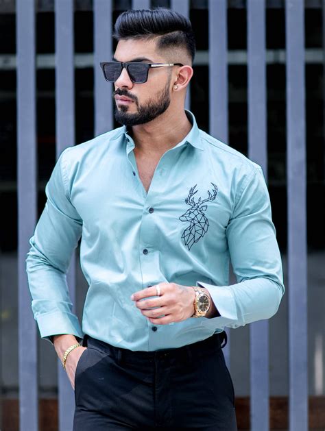 Deer Embroidered Cyan Golden Premium Shirt – The Foomer