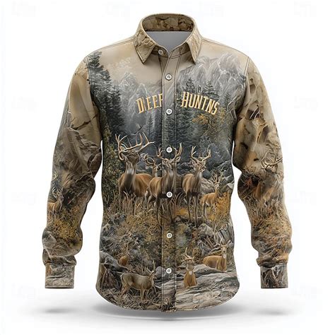 Men's Reindeer Nature Forest Shirt Button Up Shirt Long Sleeve Vintage ...