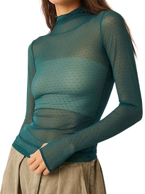 Taoocy Sheer Mesh Long Sleeve Layering Top for Women Mock Neck Floral ...