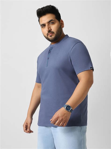 Plus Men's Indigo Blue Solid Mandarin Collar Regular Fit Half Sleeve C ...