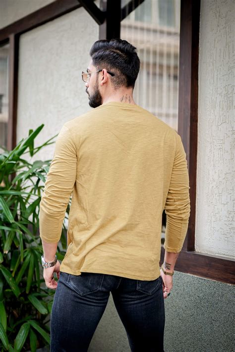 Gritstones Dark Yellow Self Design Henley Neck T-Shirt