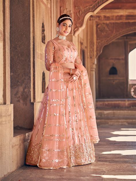 Buy Lovely Peach Color Sequence Embroidered Soft Net Lehenga Choli Set ...