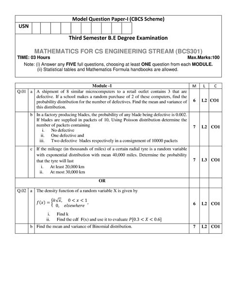 3rd Sem BCS301 Mathematics Model Question Paper-I - Studocu