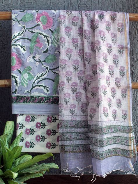 Hand Block Printed Dress Material With Kota Doria Dupatta – Weaves of ...