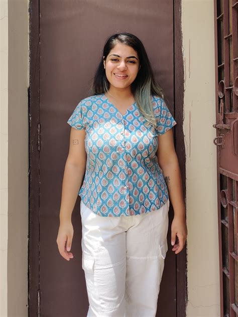 Blue Pink Hand Block Printed Shirt with Mega Sleeves – Kasaa Hues