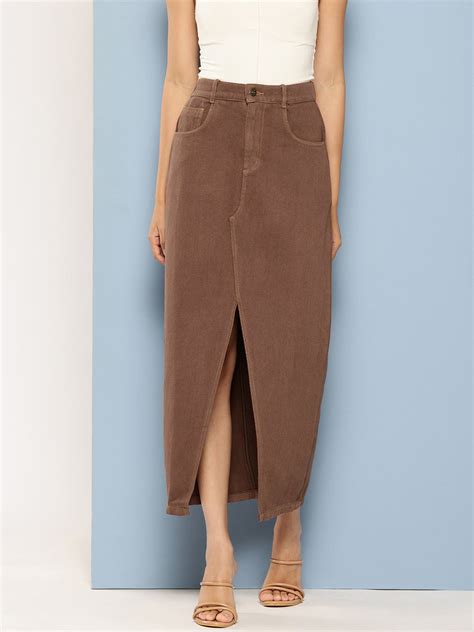 Pure Cotton Denim Straight Maxi Skirt with Front Slit – evalina.clothing