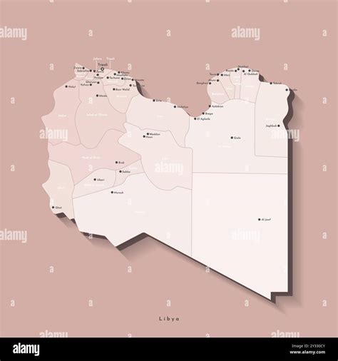 Vector modern illustrationin beige colors. Simplified administrative map of Libya. Names of ...