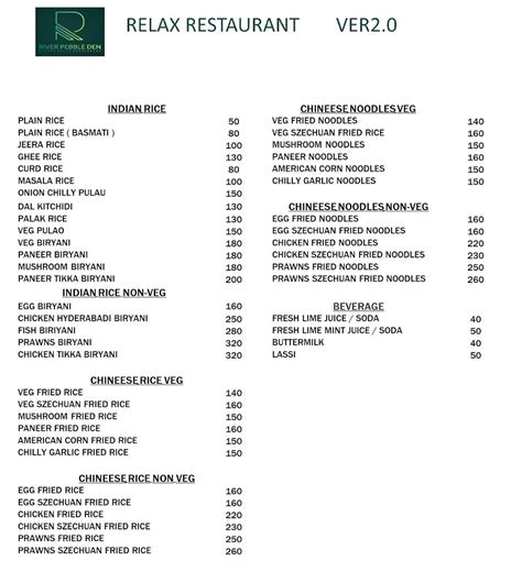 Menu at River pebble den Resorts, India