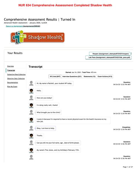 SOLUTION: Nur 634 comprehensive assessment completed shadow health ...