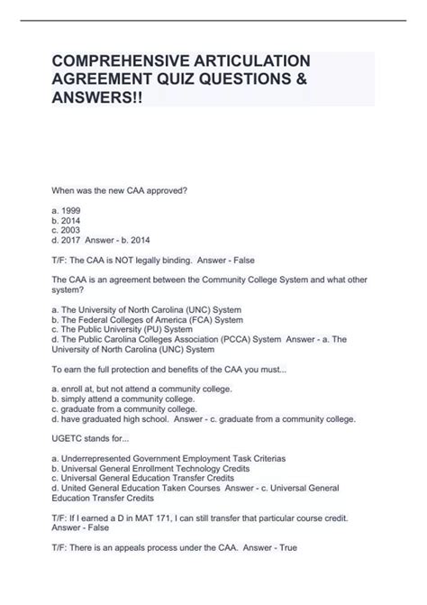 COMPREHENSIVE ARTICULATION AGREEMENT QUIZ QUESTIONS & ANSWERS!! - CAA ...