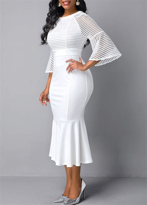 Round Neck Mesh Panel Flare Sleeve Mermaid Dress | Rosewe.com - USD $32 ...
