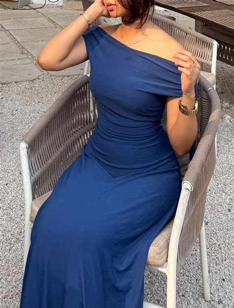 Off Shoulder Tie Up Fitted Long Dress in Navy Blue - Littlebox India