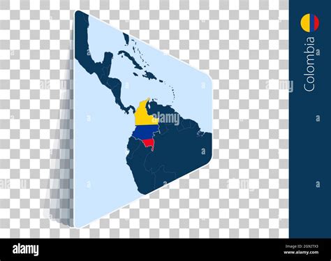 Colombia map and flag on transparent background. Highlighted Colombia on blue vector map Stock ...