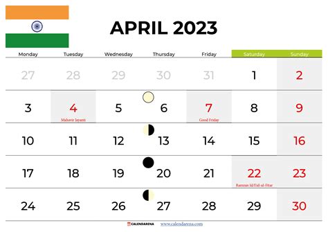 Download April 2023 Calendar With Holidays India