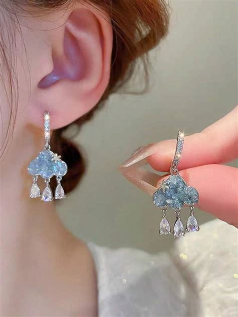 1 Pair Fashionable Rhinestone Cloud & Tassel Earrings, Blue Color ...