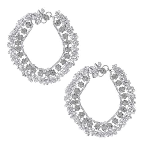 Memoir Silver plated Brass, CZ studded flower pattern, Jhalar Ghungroo ...