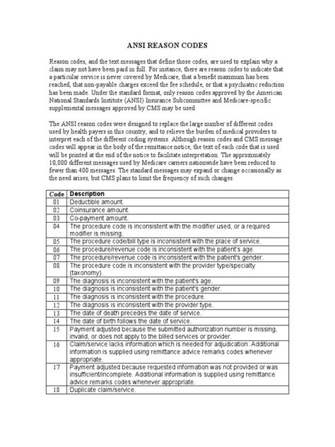 ANSI Reason Codes Denial Codes | PDF | Medicare (United States ...