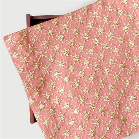 (CUT PIECE) Baby Pink Abstract Geometric Embroidered Georgette Fabric ...