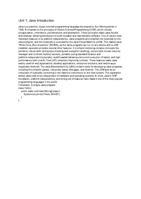 Core Java Notes: Unit 1 - Introduction to Java (CC-210) - Studocu