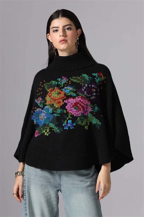 Buy FLORAL HAND EMBROIDERD HIGH NECK PONCHO Online in India