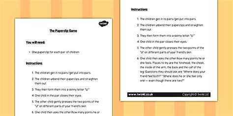 My Senses: Touch Paperclip Game Instructions