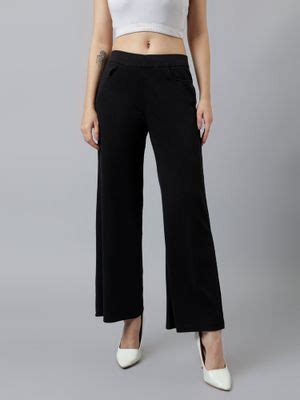 Buy Xpose Women Black Ribbed Wide Leg High Rise Trouser Online