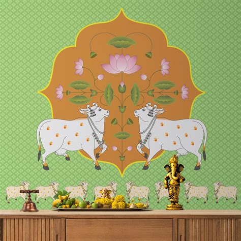 Vibrant Cow Pichwai: Spiritual Pooja Room Wallpaper | Life n Colors