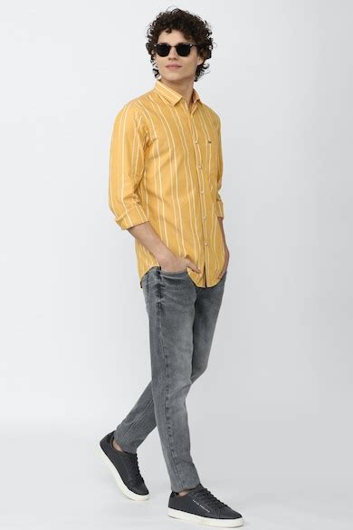 Buy Men Yellow Slim Fit Stripe Full Sleeves Casual Shirt Online ...