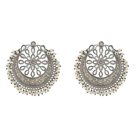 Antique Elegance Floral Faux Pearls and Kundan Adorned Silver Toned Br ...