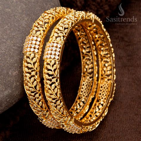 American Diamond Gold Plated Bangles with Leaf Pattern - Sasitrends