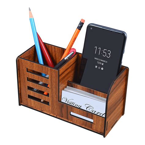 Kbr Pen Stand With Visiting Card & Mobile Holder Multipurpose Wooden ...