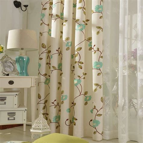 VOGOL White Linen Curtains 63 inch Length Blue Floral Embroidered ...