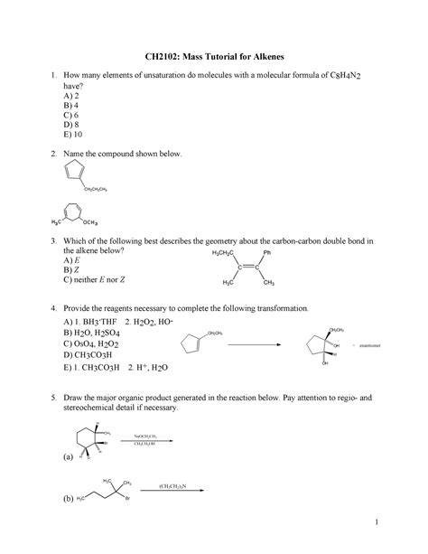 Tutorial 5 - tut - 1 CH2102: Mass Tutorial for Alkenes How many elements of unsaturation do ...