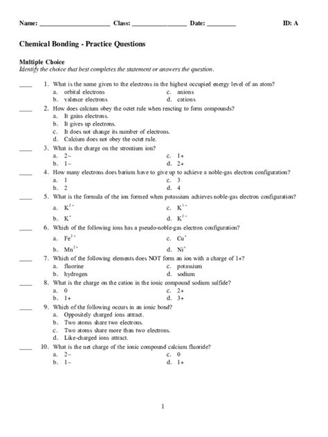 Chemical Bonding Practice Questions - Blank Fillable Template | Fill ...