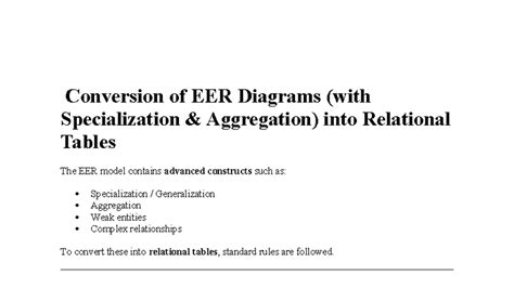 EER Diagrams to Relational Tables: Specialization & Aggregation Guide ...