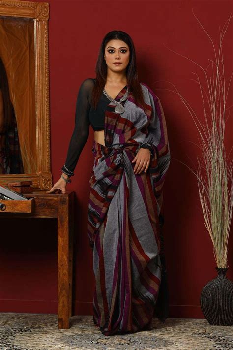 Grey-Purple-Red Pure Cotton Handloom Saree – Six Yard Story