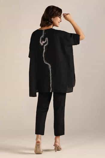 Buy Black Linen Embroidery, Foil Printing V-neck Body Top For Women by ...