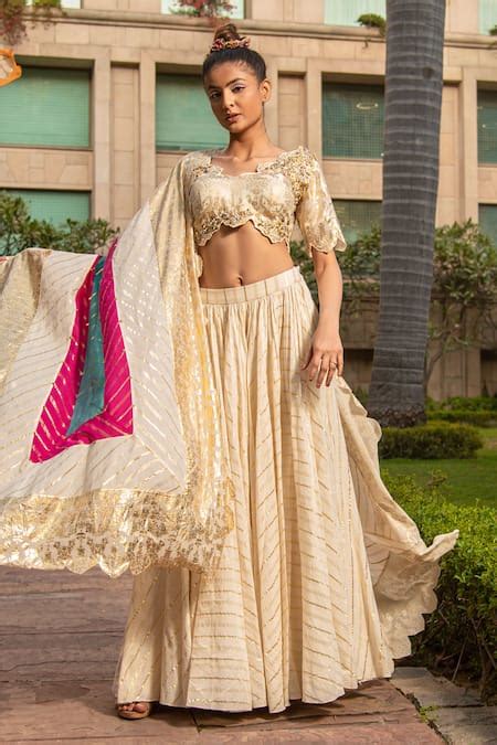 Buy Ivory Handloom Cotton Sequins, Beads Striped Pattern Lehenga Set ...