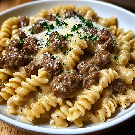 Creamy Beef and Rotini in Garlic Parmesan Sauce - Grammy Recipes