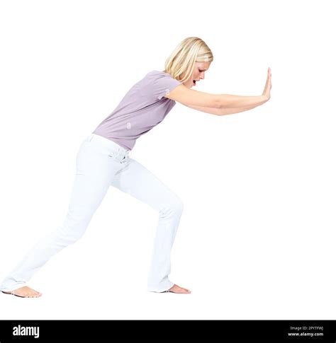 Woman, push and difficult obstacle of an heavy object with a person and ...