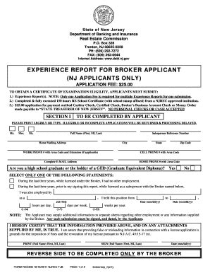 EXPERIENCE REPORT FOR BROKER ... - State Of New Jersey - State Nj ...