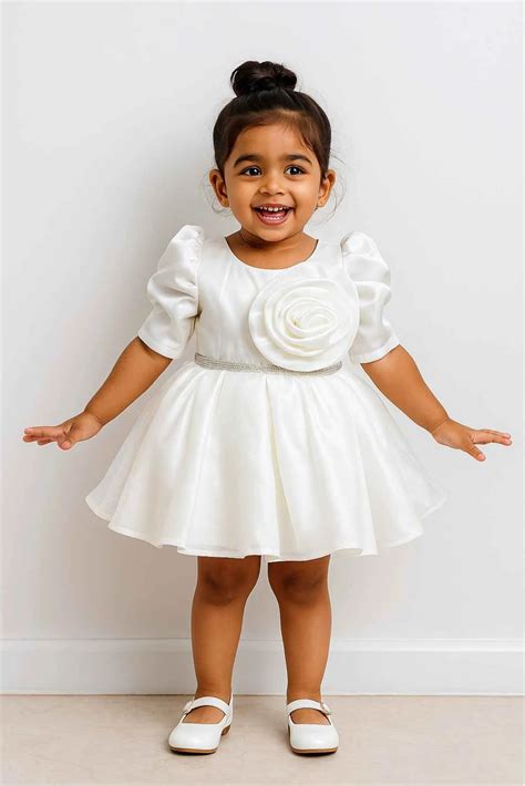 White Puff-Sleeve Party Dress With Rosette For Girls – Lagorii Kids