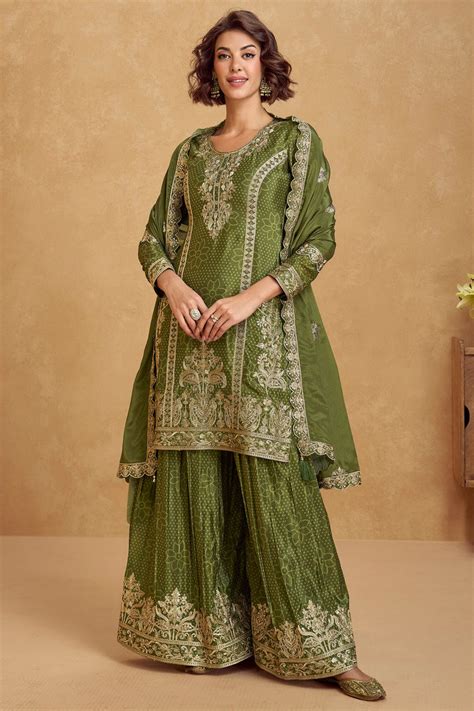 Buy Green Embroidered Chinon Palazzo Suit From Designer Lehenga Choli