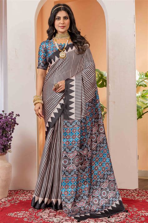 Elegant Blue Satin Saree with Ajrakh Patterns