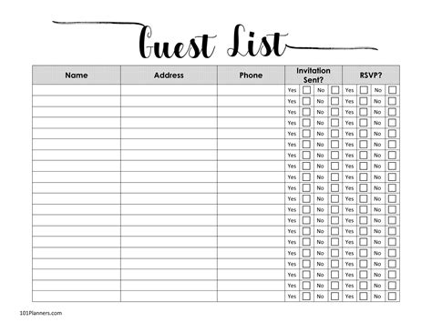 Wedding Guest List Template Printable