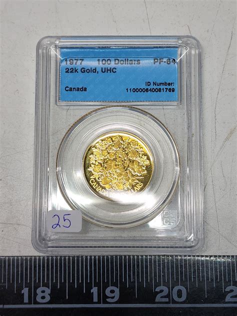 1977 CCCS graded. 22 karat gold, ultra high cameo - Canadian 100 dollar ...